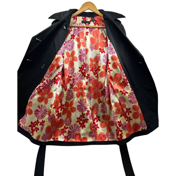 Context Trench Coat Womens M Belted Double Breasted Floral Lining Blk Retro Chic - Picture 4 of 13